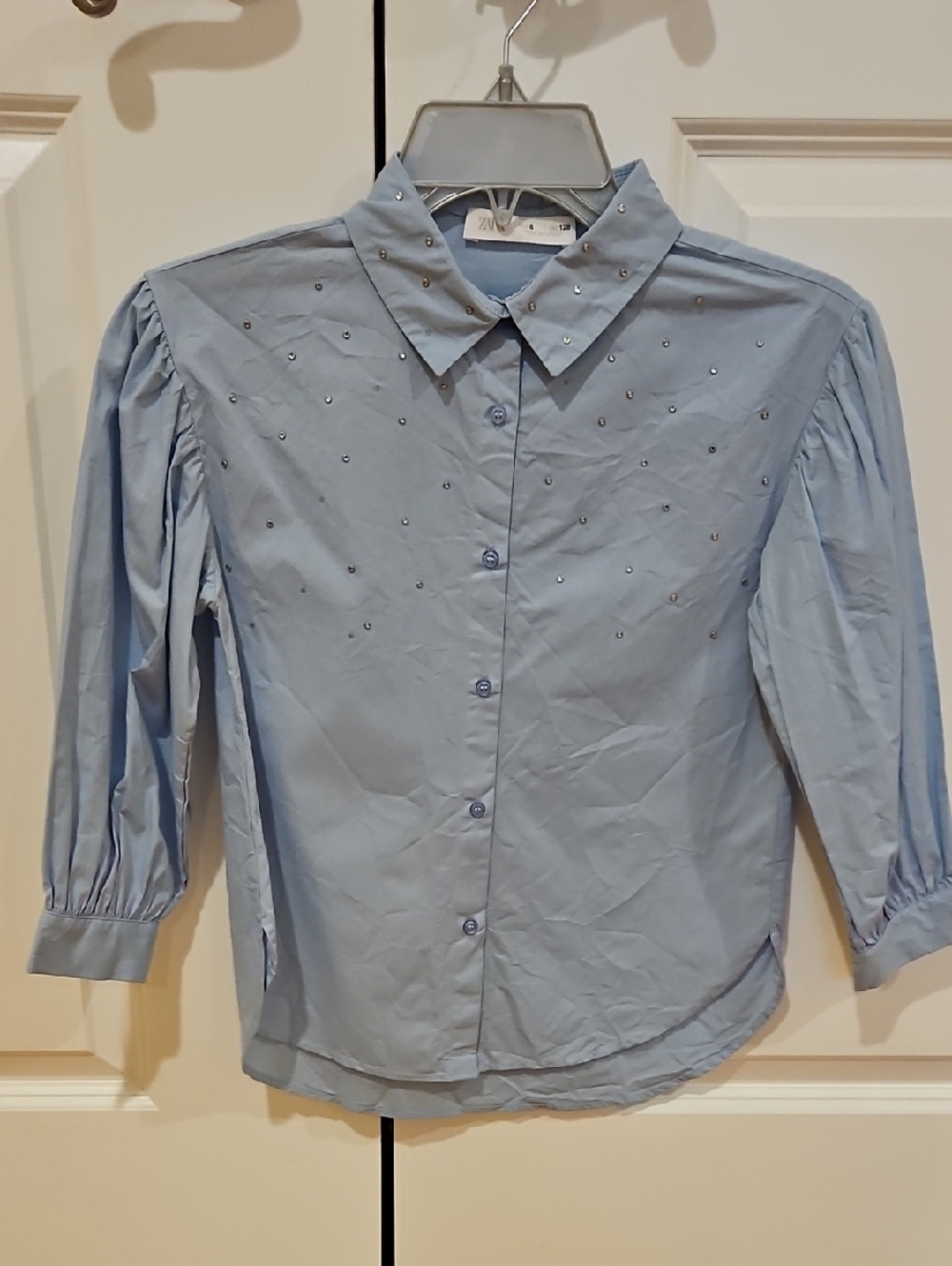 Zara Pale Blue Button-Up Shirt with Gold Studs